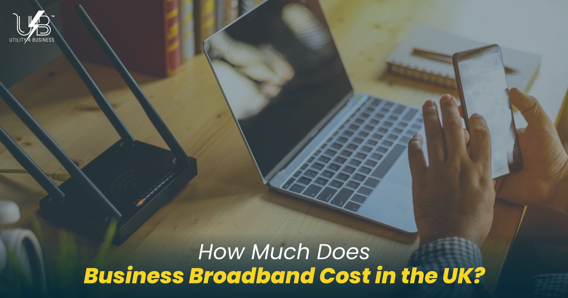 Business owner reviewing office bills under a desk lamp, illustrating UK business broadband costs by Utility4Business.